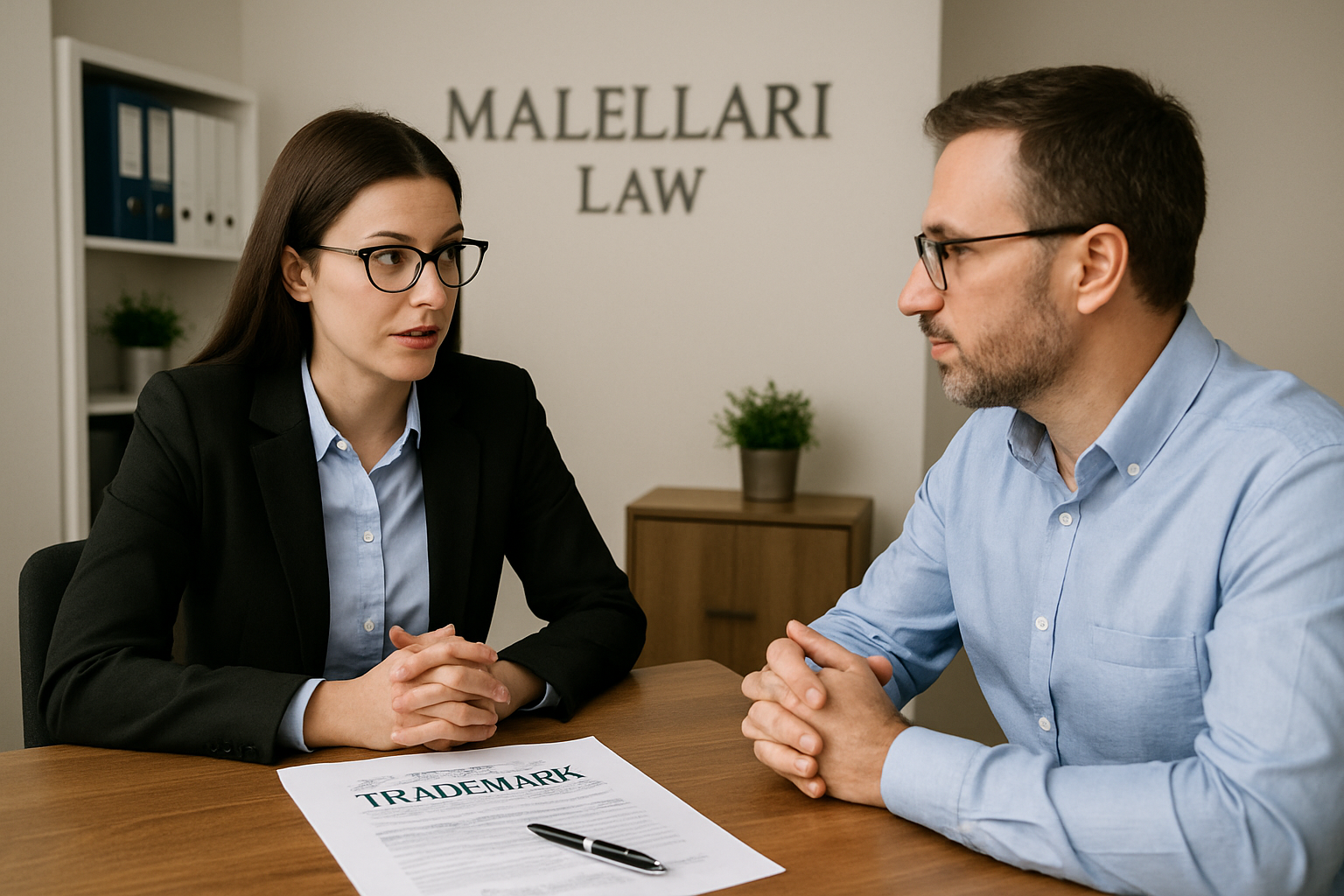 Business owner consulting with a trademark attorney at Malellari Law