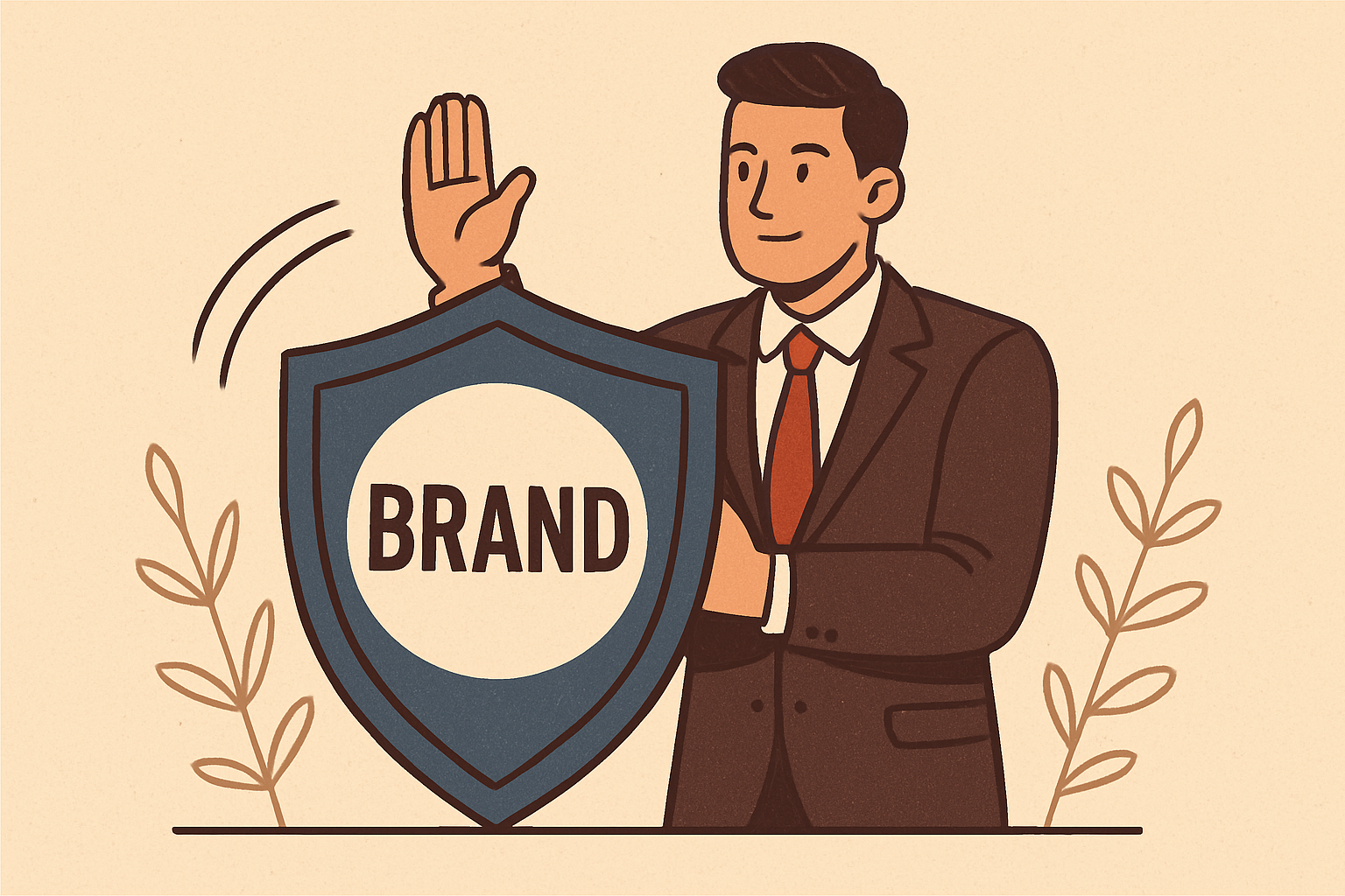 Illustration of a business owner protecting a brand with a shield